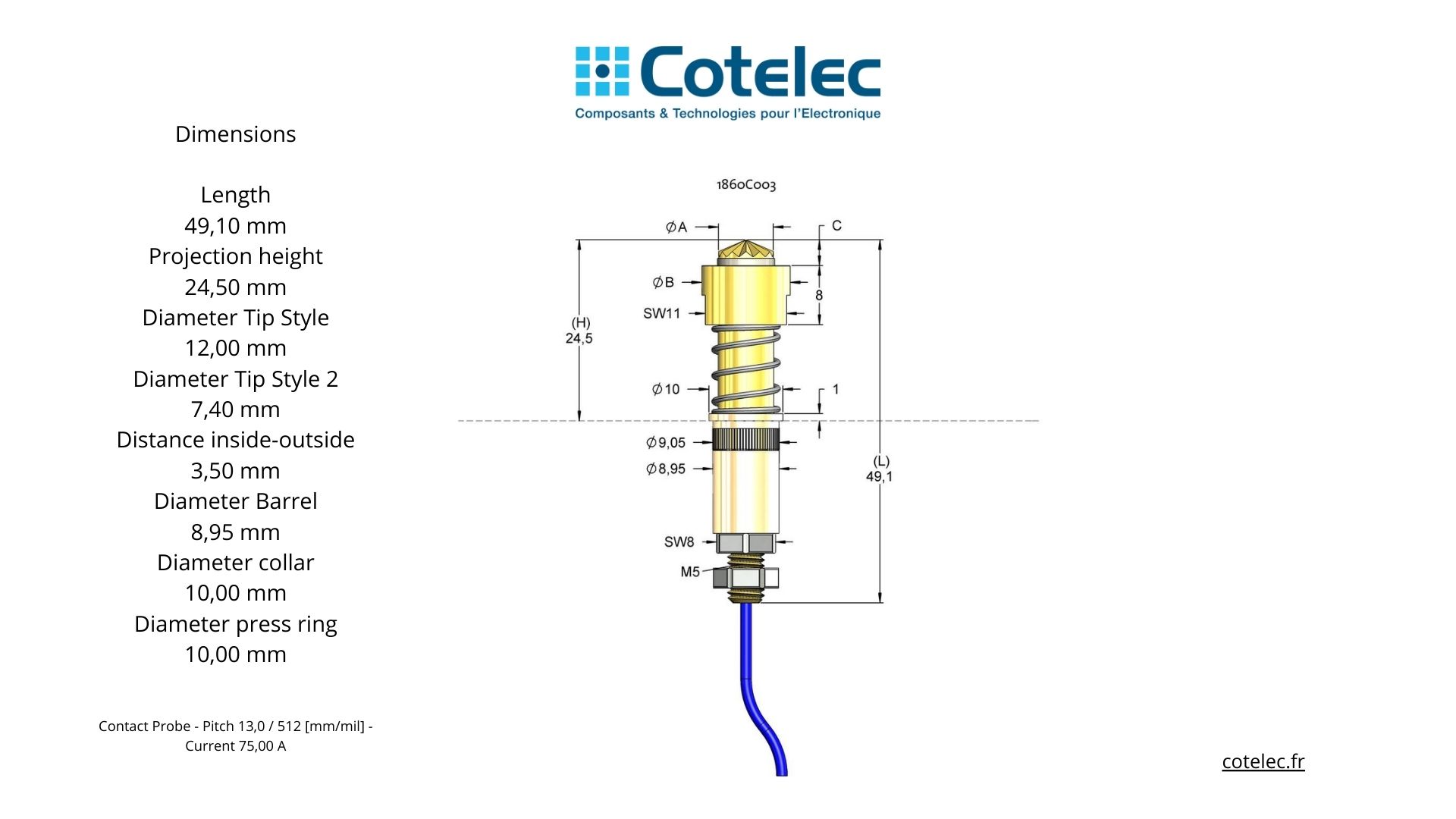 Contact Probe - 1860C003 - 1012657 - Pitch 13,0 / 512 [mm/mil] - Current 75,00 A