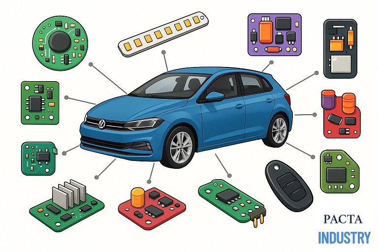 Illustration d’une voiture et de modules électroniques autour